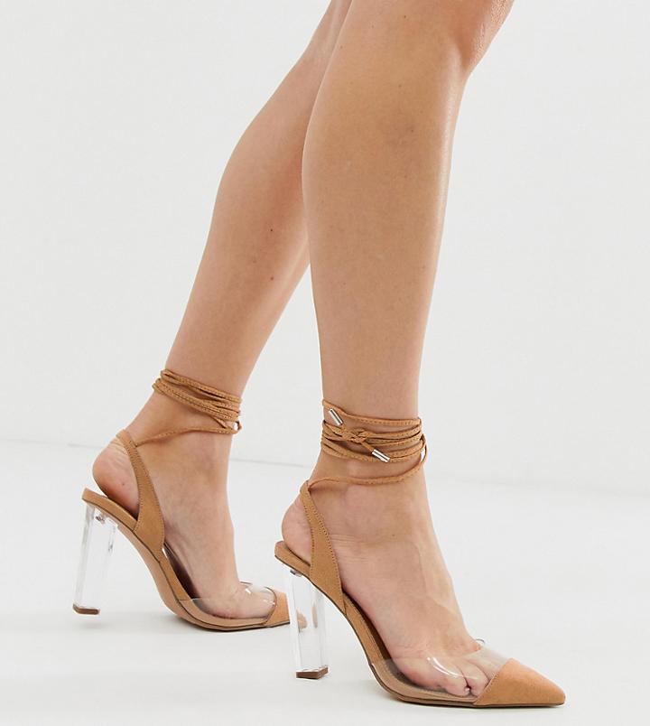 Asos Design Wide Fit Pucker Up Tie Leg Pointed High Heels - Beige