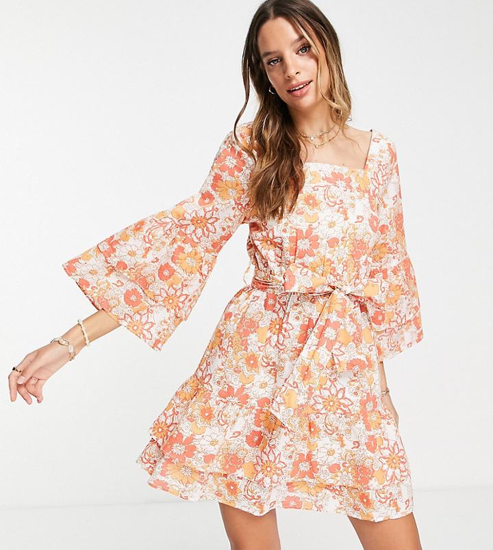 Influence Tall Square Neck Mini Dress In Orange Floral-multi