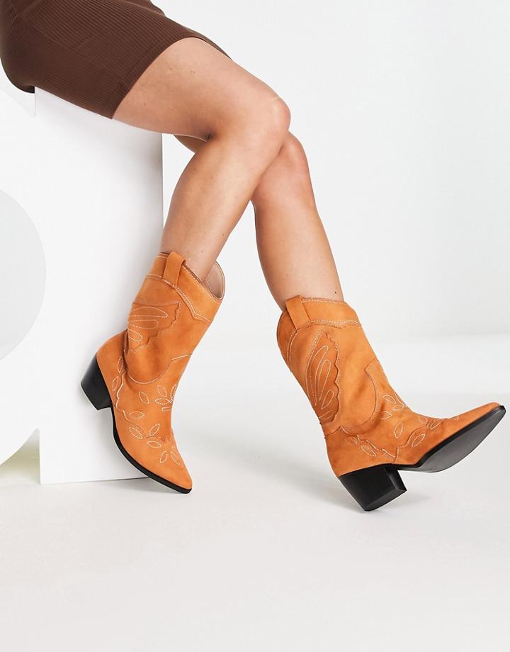 Public Desire Howdy Western Boots In Tan Micro-brown