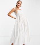 Asos Design Maternity Shirred Cami Midi Sundress With Raw Edges In White