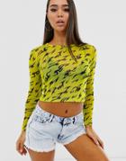 Asos Design Long Sleeve Mesh Top With Graphic Print In Green