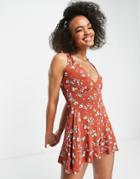 Asos Design 90s Knot Shoulder Romper In Pretty Rust Floral-multi