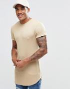 Asos Super Longline Muscle T-shirt In Rib With Roll Sleeve And Curved Hem In Camel - Golden Rod