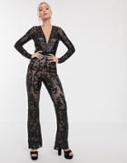 Goddiva Mesh Sequin Wide Leg Jumpsuit In Black