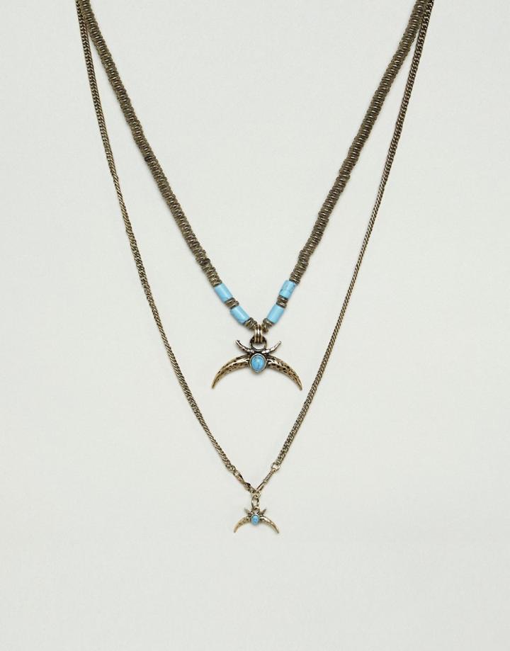 Asos Design Double Layer Necklace With Horn Pendants In Burnished Gold - Gold