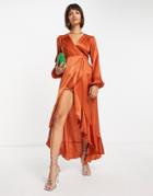 Flounce London Satin Long Sleeve Wrap Maxi Dress In Cinnamon-brown