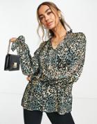 Lipsy Volume Sleeve Woven Top In Green & Yellow Animal Print-multi