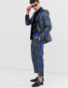 Asos Edition Slim Crop Tuxedo Pants In Multi Colored Zig Zag Jacquard - Blue
