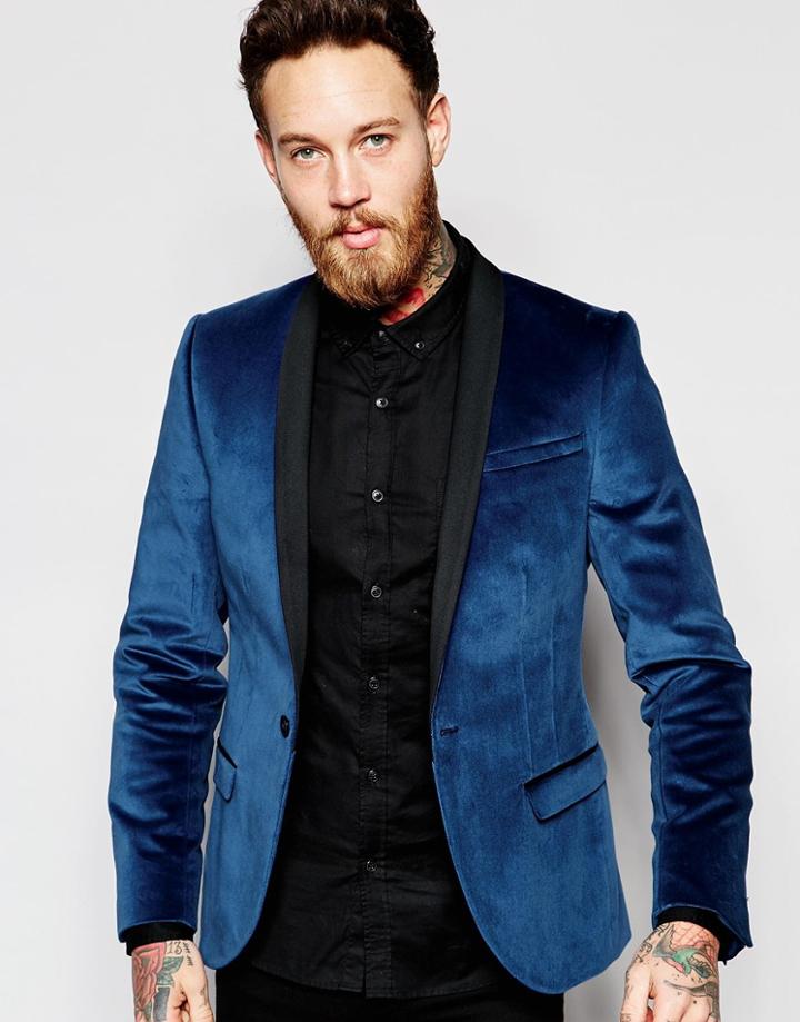 Noose & Monkey Velvet Blazer In Skinny Fit - Blue
