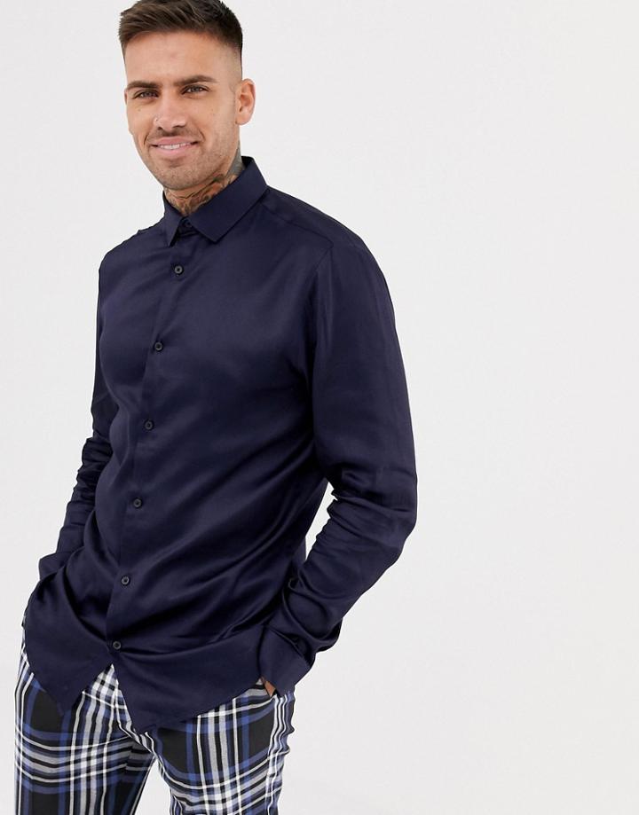 River Island Slim Fit Sateen Shirt In Navy - Navy
