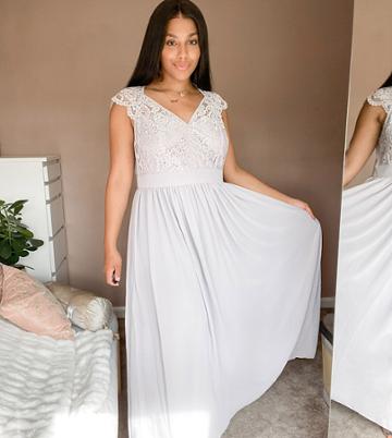 Tfnc Plus Lace Plunge Maxi Dress With Scalloped Back-grey