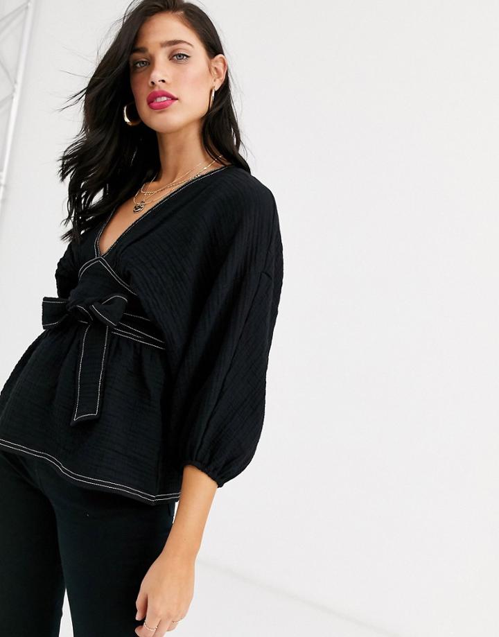 Asos Design Long Sleeve Textured Top Stitching Detail-black