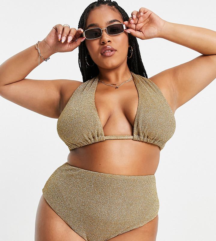 Asos Design Curve Mix & Match High Waist Bikini Bottoms In Gold Glitter