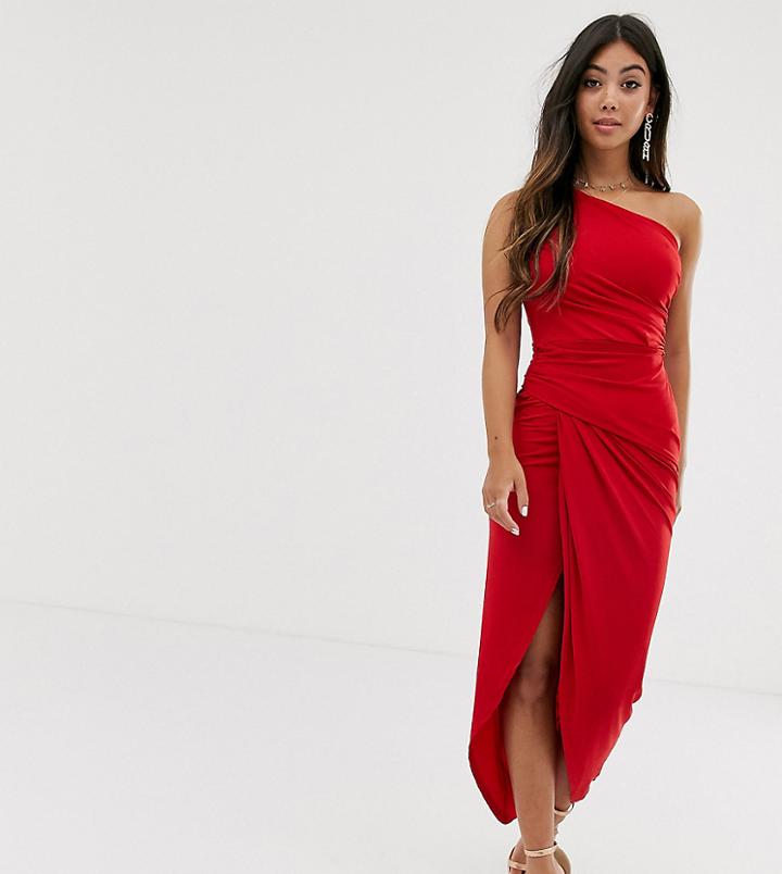 John Zack Petite One Shoulder Asymmetric Midi Dress With Thigh Split In Red - Red