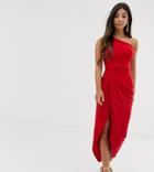 John Zack Petite One Shoulder Asymmetric Midi Dress With Thigh Split In Red - Red
