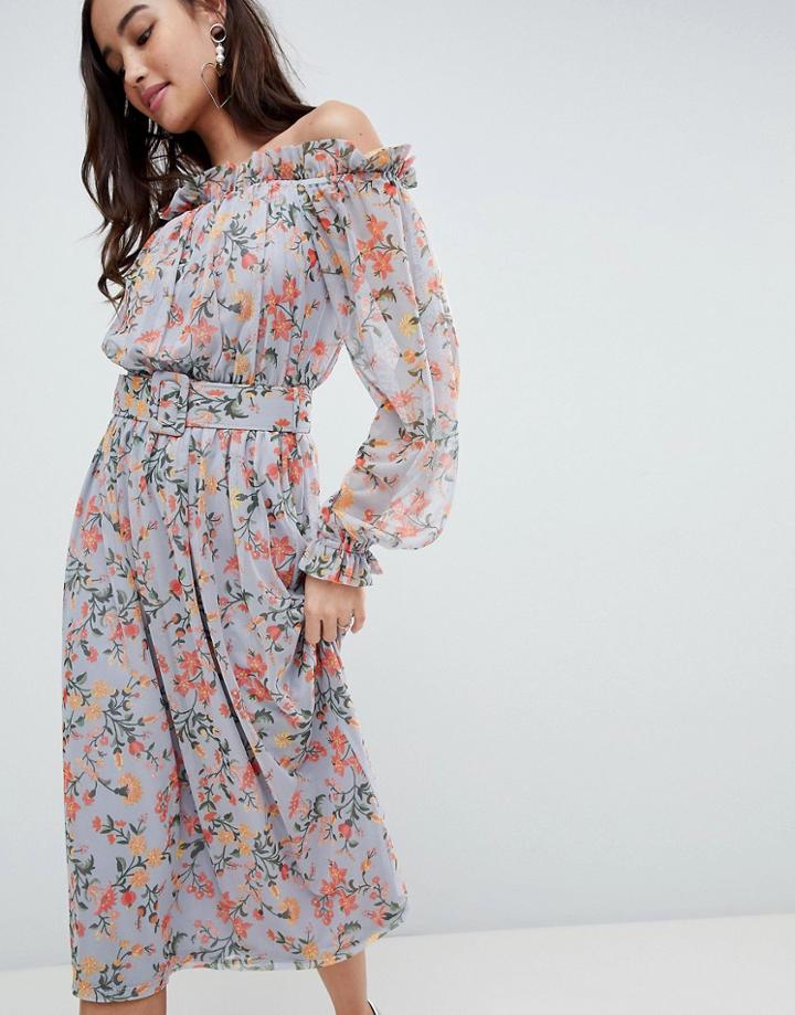 Asos Bardot Printed Mesh Midi Dress With Self Belt - Multi