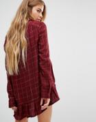 Honey Punch Checked Shirt With Frill Hem - Red