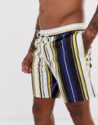 Asos Design Swim Shorts In Navy & Mustard Stripe In Mid Length - Navy