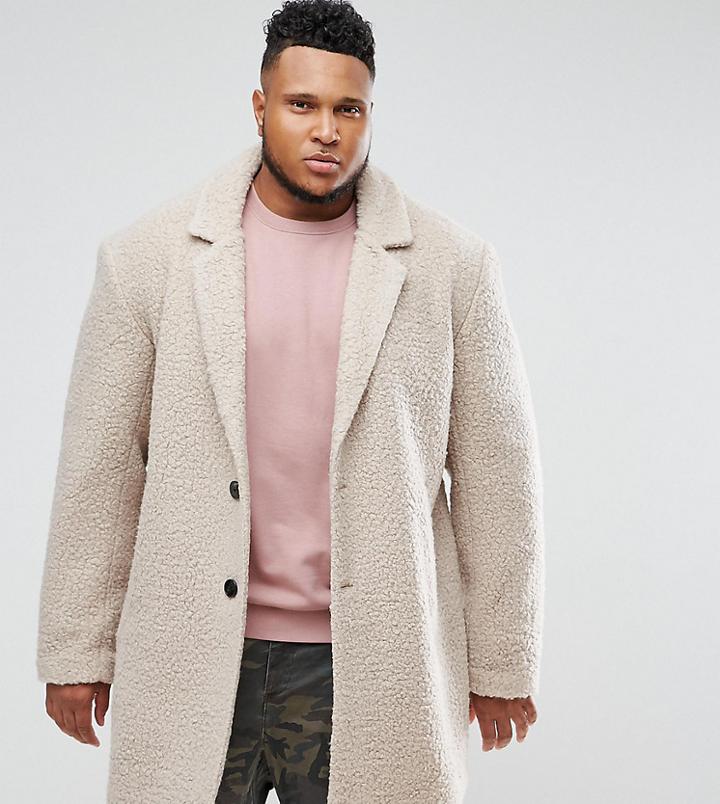Asos Plus Relaxed Borg Overcoat In Ecru - Beige