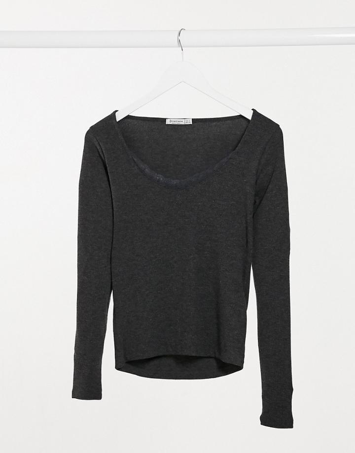 Stradivarius Long Sleeve Top With Lace Trim In Gray-grey