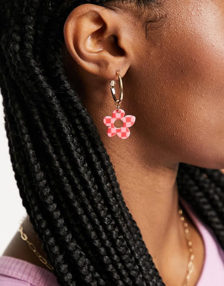 Monki Jessenia Checkerboard Flower Hoop Earrings In Gold