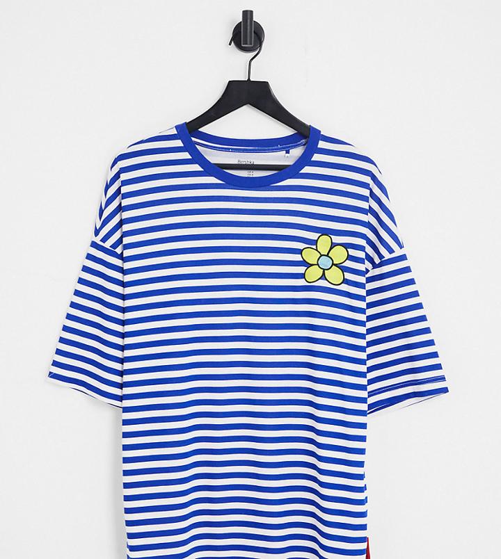 Bershka Embroidered Stripe T-shirt In Blue