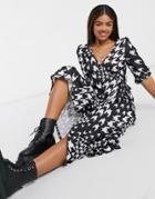 Asos Design Textured Midi Smock Dress In Black And White Houndstooth