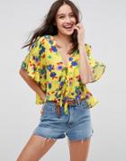Asos Tie Front Blouse With Frill Sleeve In Bright Ditsy - Yellow