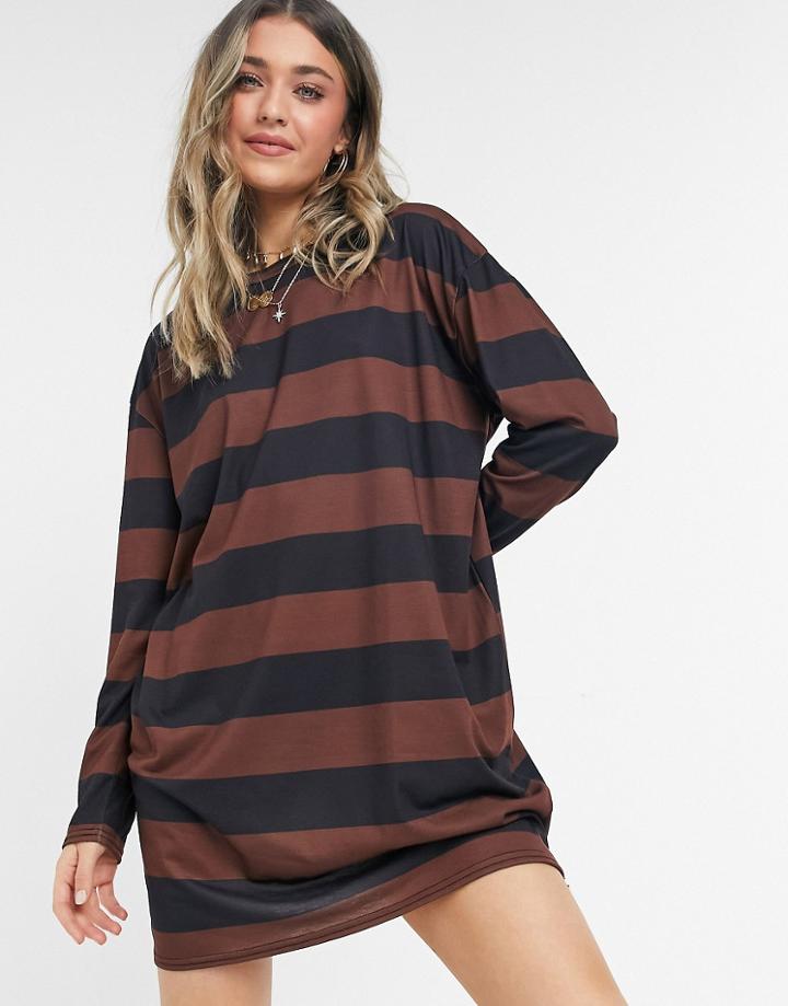 Asos Design Oversized Long Sleeve T-shirt Dress In Chocolate Brown And Black Stripe