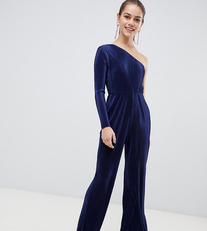 Asos Design Petite One Shoulder Plisse Jumpsuit - Navy