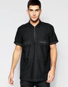 Asos Denim Military Overhead Shirt With 2 Pockets In Short Sleeve - Black