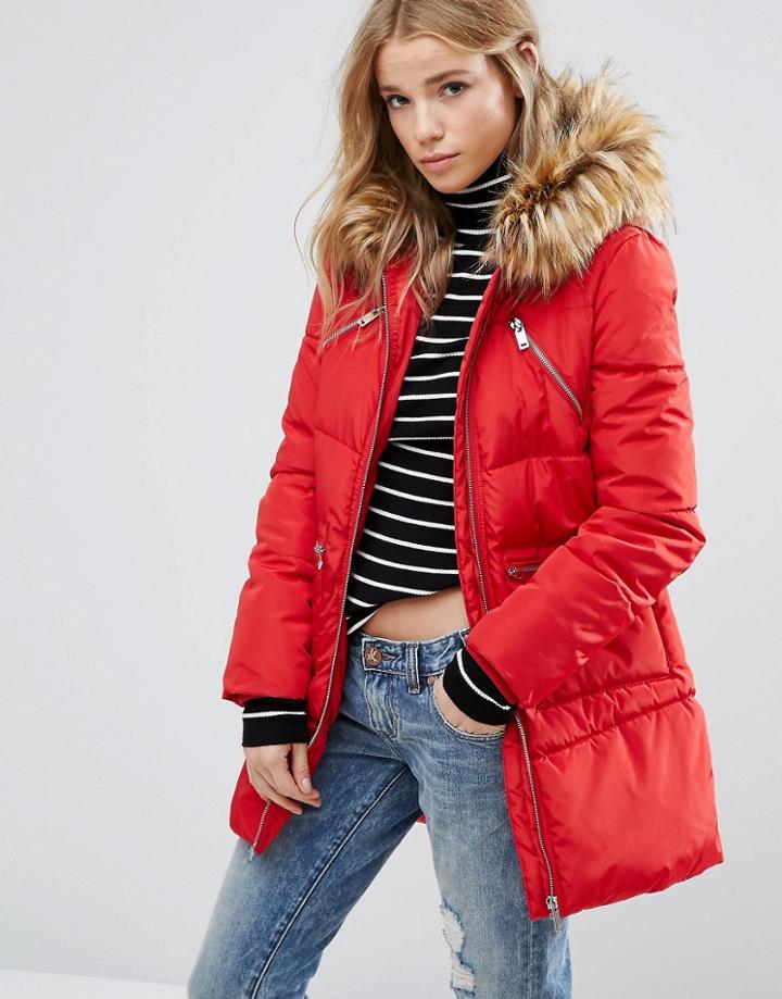 New Look Padded Faux Fur Hood Jacket - Red