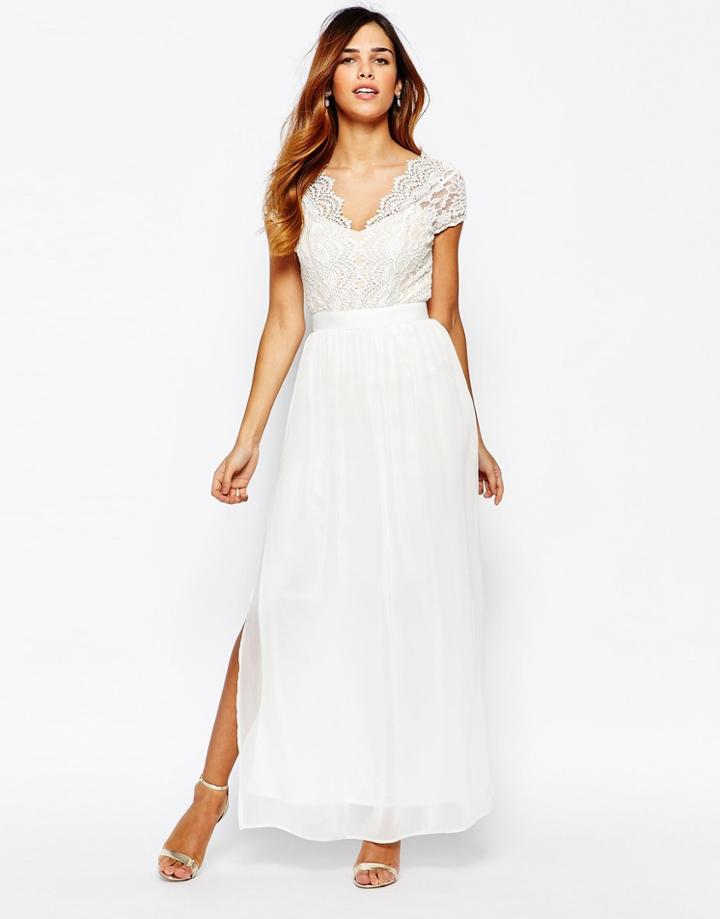 Elise Ryan Scallop Lace Plunge Maxi Dress With Double Thigh Split - Black $72.00