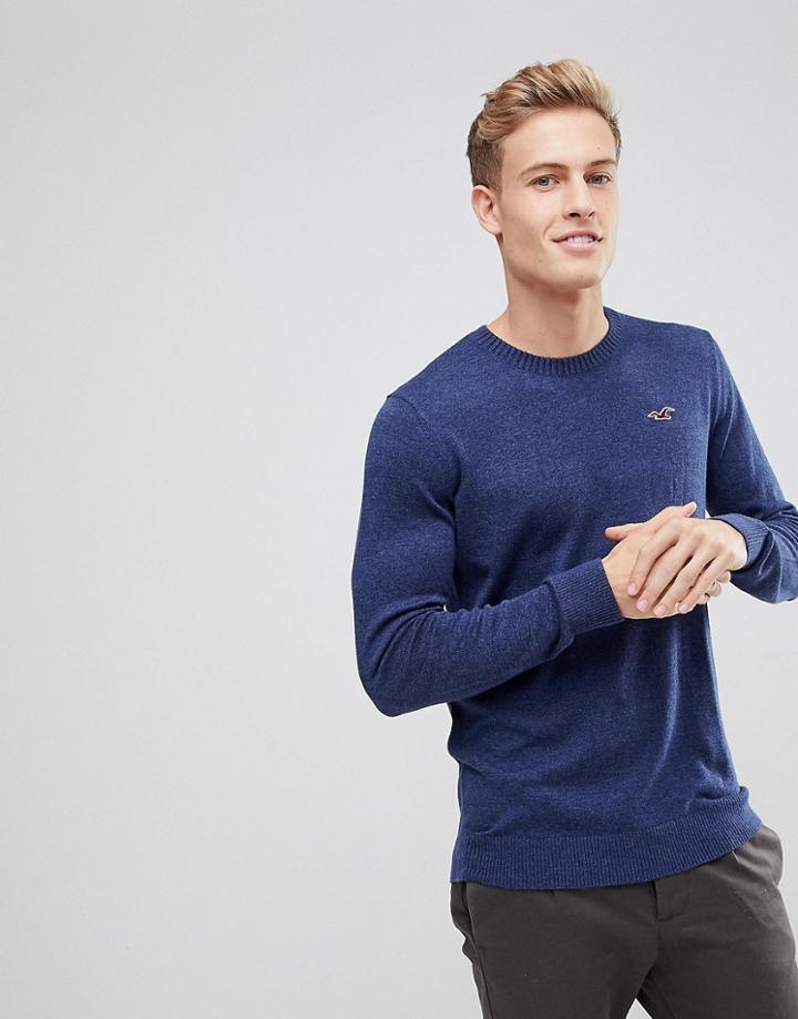 Hollister Billy Crew Neck Knit Sweater Seagull Logo In Navy - Navy