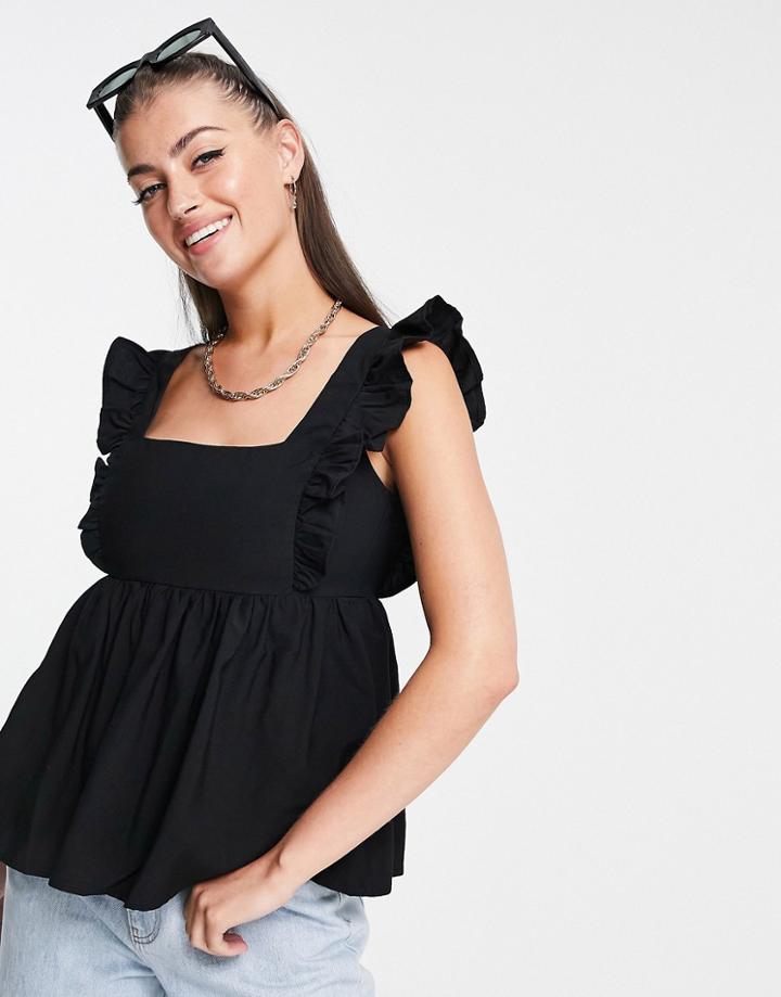 Fashion Union Tie Back Smock Top With Frill Shoulders-black
