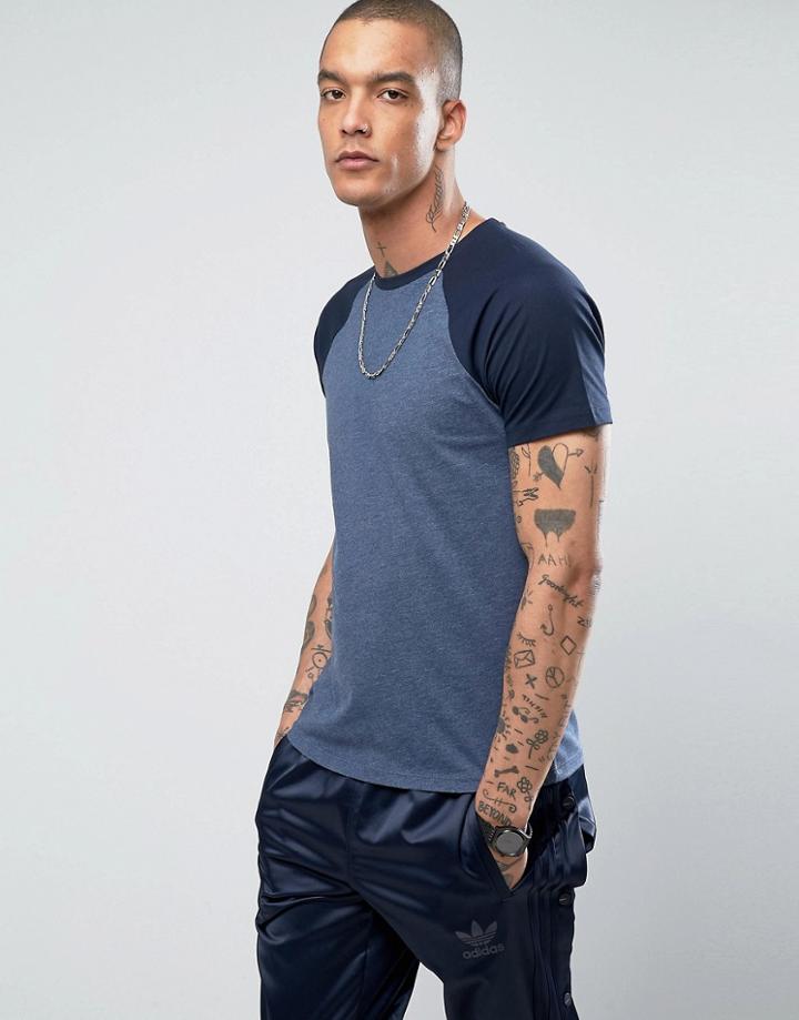 Asos T-shirt With Contrast Raglan In Blue Marl/navy - Blue