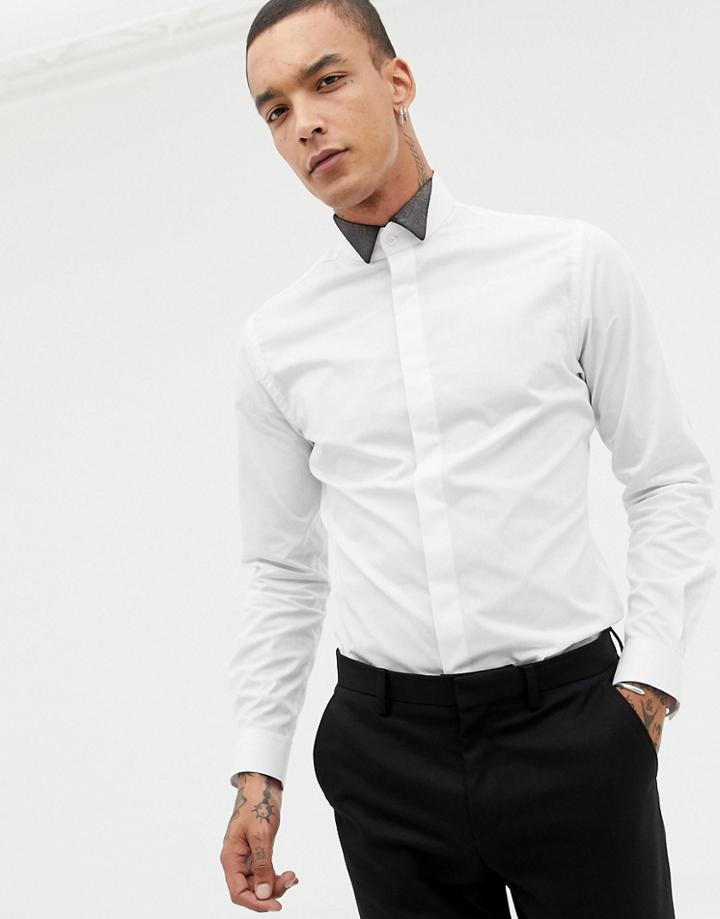 Twisted Tailor Skinny Fit Shirt In White With Metallic Wing Tips - White