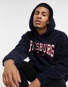 Asos Design Oversized Hoodie In Navy Teddy With Pittsburg Collegiate Chest Embroidery