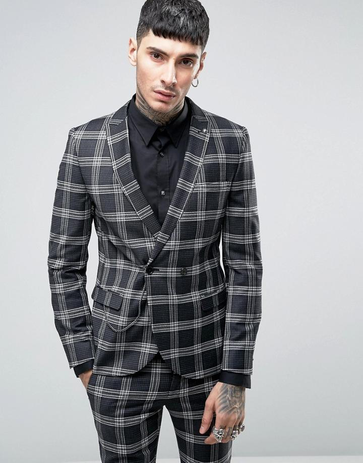 Noose & Monkey Super Skinny Db Suit Jacket In Check With Chain With Stretch - Black