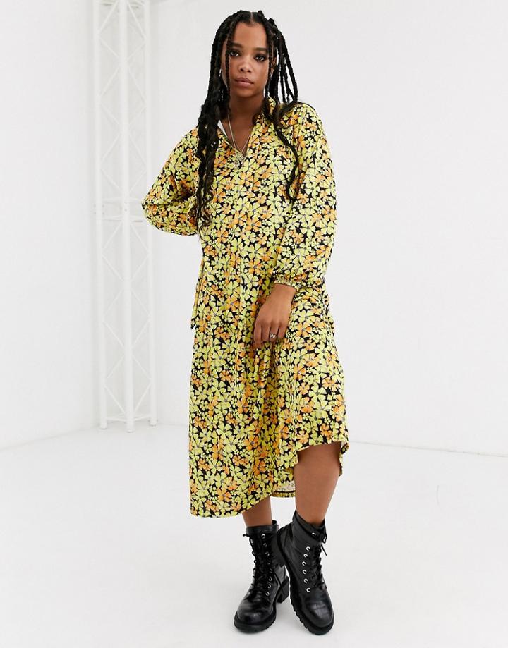 Asos Design Tie Front Midi Dress In Yellow Floral