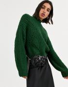 Bershka Funnel Neck Pointelle Sweater In Bottle Green