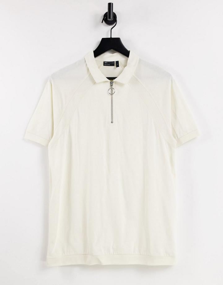 Asos Design Polo With Raglan Sleeves And Zip In Beige-neutral