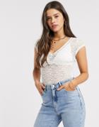 Fashion Union Deep Plunge Top In Sheer Lace-white