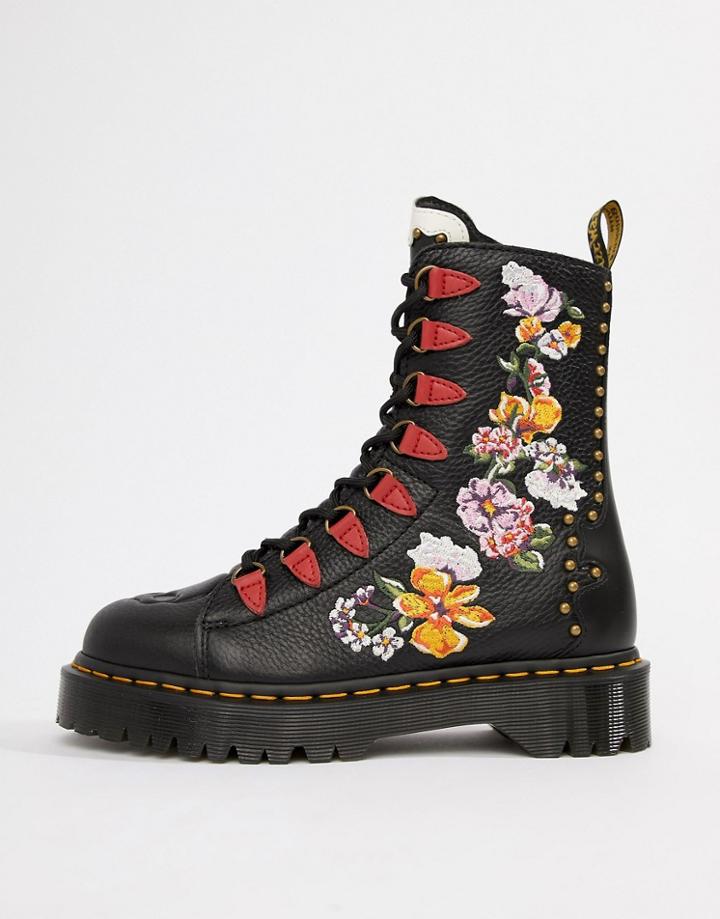 Dr Martens Nyberg Black Leather Embroidered Chunky Flatform Boots - Black
