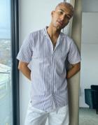 Le Breve Short Sleeve Revere Collar Shirt In White Stripe-brown