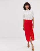 Pieces Button Through Midi Skirt In Red - Red