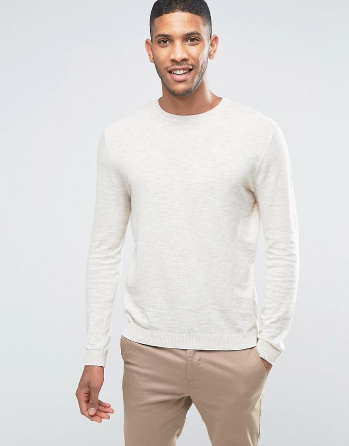 Asos Crew Neck Sweater In Oatmeal Cotton - Beige