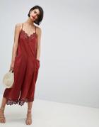 Asos Design Jumpsuit With Lace Trims And Oversized Pocket Detail - Red