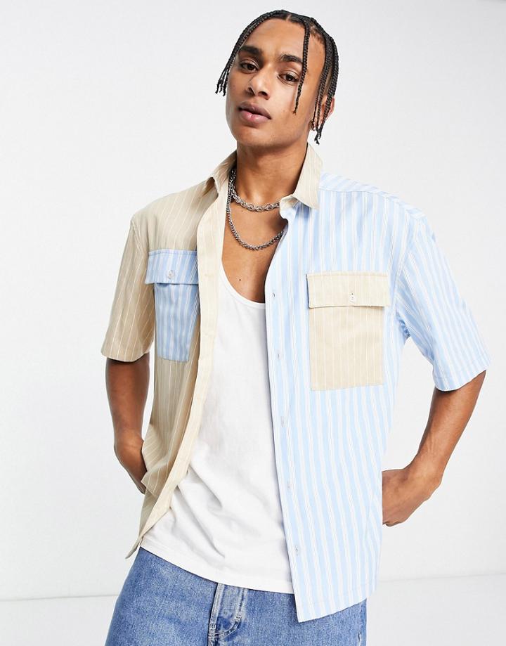 Topman Oversized Spliced Stripe Shirt In Stone And Blue-multi
