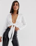 Asos Design Long Sleeve Tie Front Deep Plunge Shirt-cream